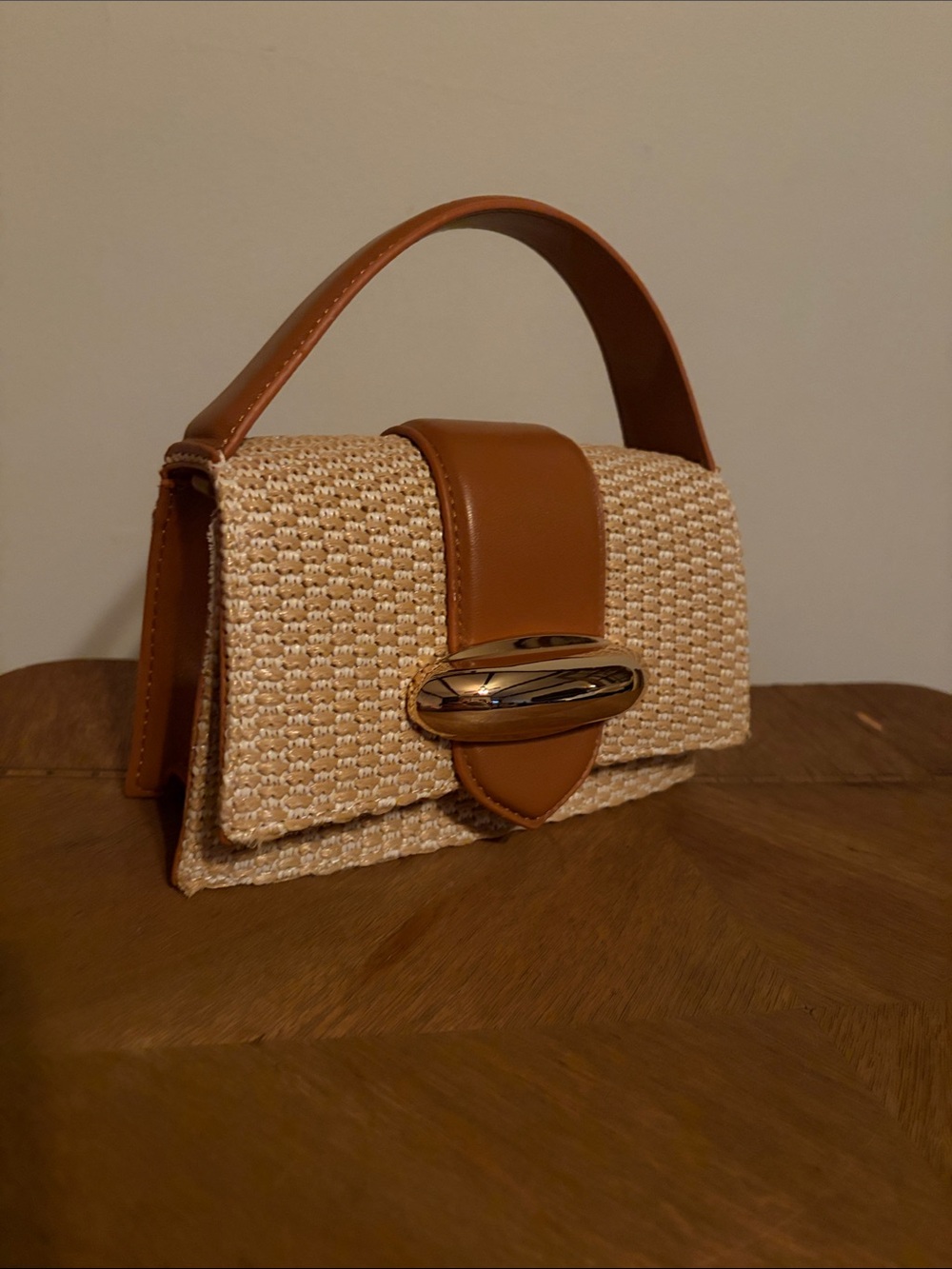 Steve Madden Woven Straw Top-Handle Mini Bag with Tan Leather Trim & Gold Chain